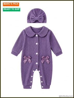 Baby Girl Cable Knit Romper with Peter Pan Collar & Bow Hat - Preemie to 12